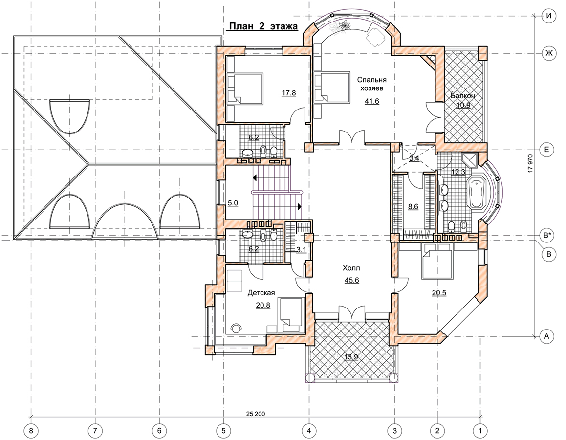 Проект двухэтажного дома 786 м2 в стиле барокко с цокольным этажом, сауной и двухместным гаражом - PA-14