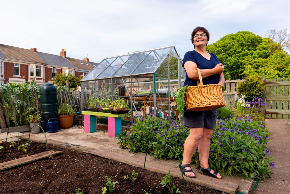 Стеклянная теплица с двухскатной крышей.
