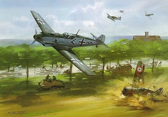 Bf 109 E Werner Molders сбивает французский Curtiss Hawk во время отступления союзников в Дюнкерке. Рисунок Michael Turner из специального выпуска журнала FlyPast "Luftwaffe Eagles"