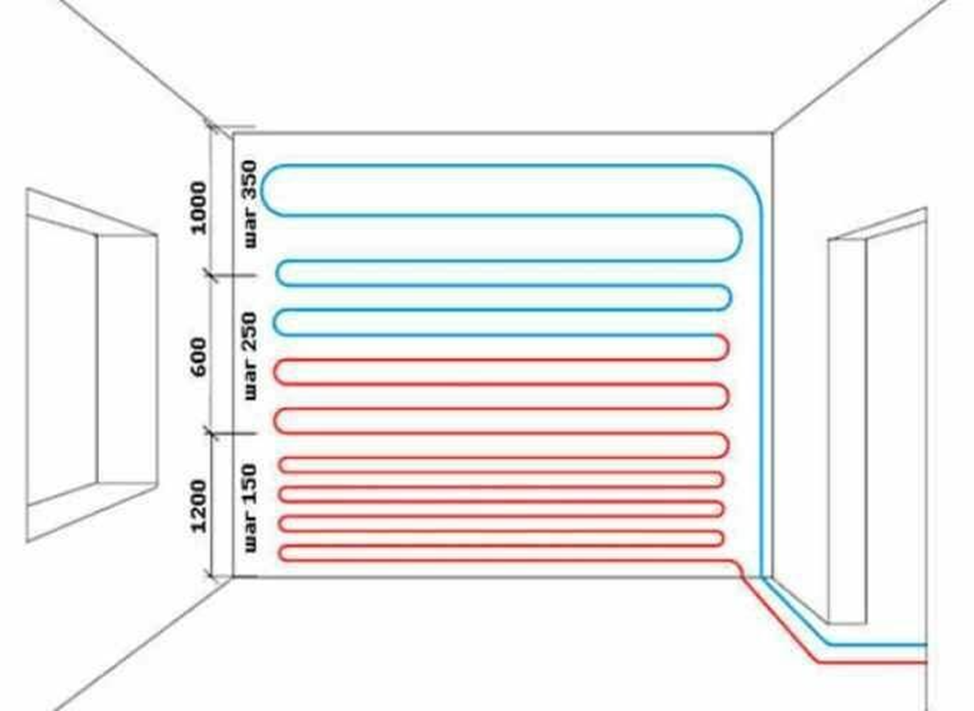 Теплые стены монтаж теплого пола стену. Отопление теплые стены водяные. Схема прокладки труб отопления в стене. Схема установки труб отопления в стене.