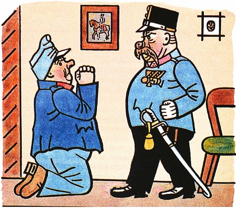 Йозеф Швейк иллюстрации. Картинка взята из источника: https://tresbohemes.com/wp-content/uploads/2016/07/Svejk-11.jpg.