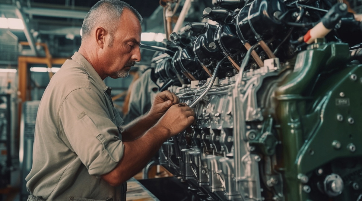 Мастер выполняет сборку мотора Deutz