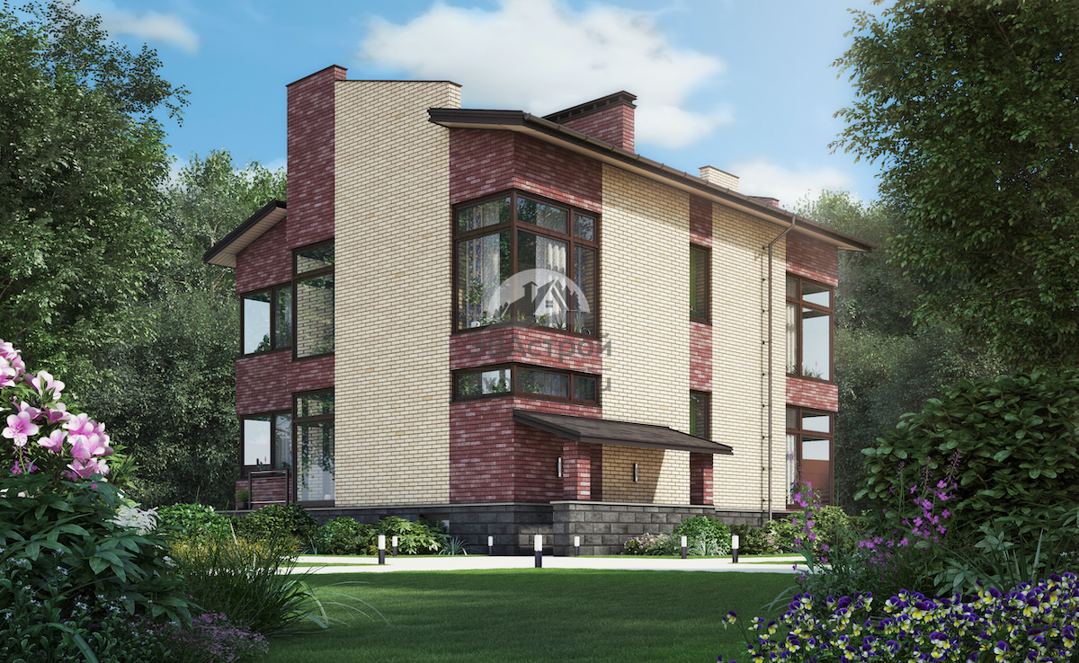 Проект дома 330 м2 с цокольным этажом, кабинетом и террасой - 08-398 