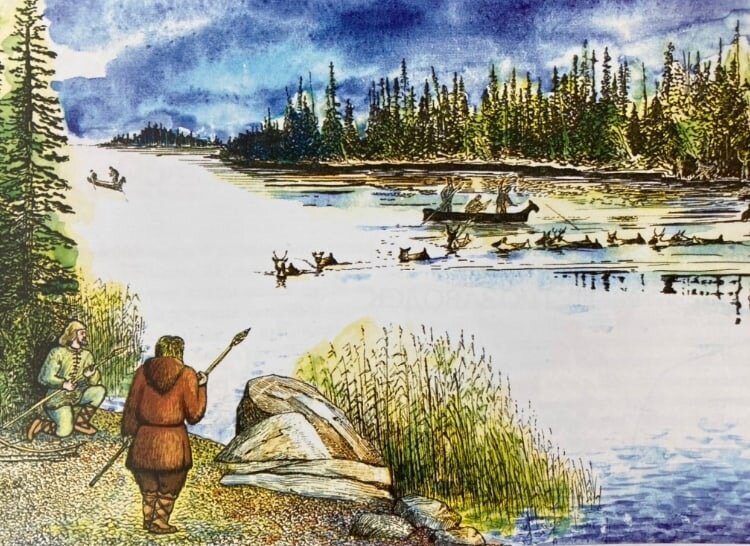 «Устье реки Шуя в эпоху мезолита. Охота на оленя». ( А. М . Жульников , А. М. Спиридонов «Древности Петрозаводска»)