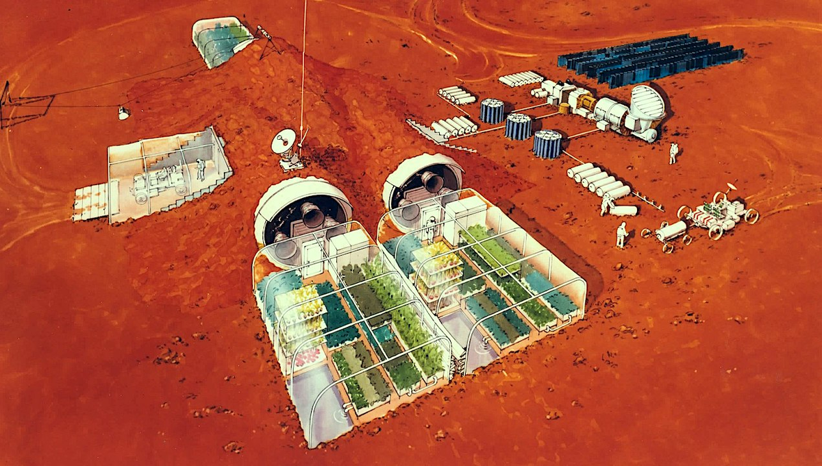 Видение марсианской станции, опубликованное НАСА из CASE FOR MARS 1980-х годов, с повторным использованием посадочных аппаратов, использованием почвы на месте для усиления радиационной защиты и теплиц. Также виден отсек для марсохода.