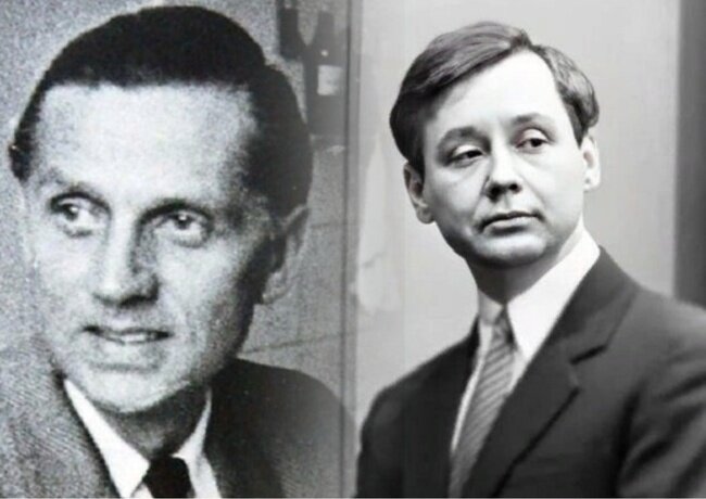 В. Шелленберг (слева) и О.П. Табаков в роли В. Шелленберга в картине "Семнадцать мгновений весны". Фото из открытых источников Интернета.