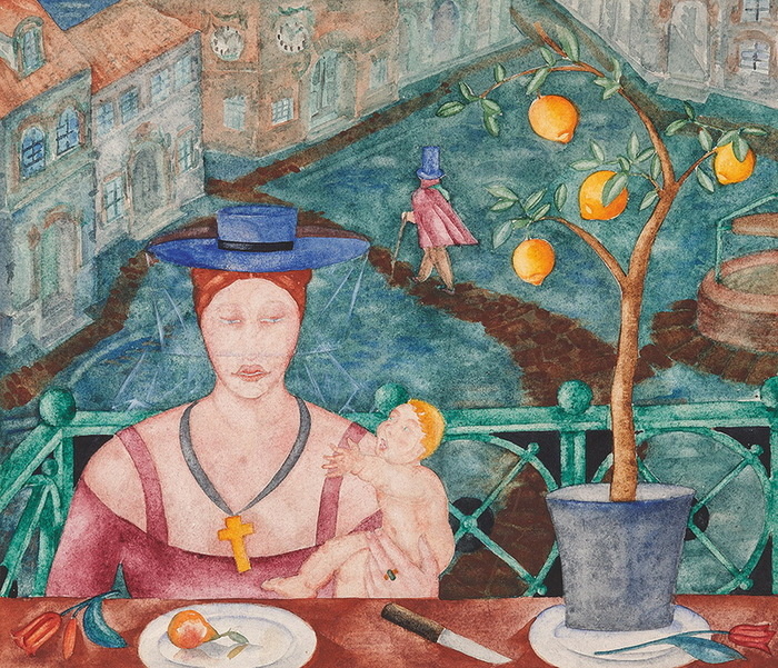 Э.М. Криммер (1900-1974). Дама с ребенком на балконе. 1919-1922 гг. Бумага, акварель, белила. 22,5 х 26 см. Собрание Романа Бабичева, Москва. 