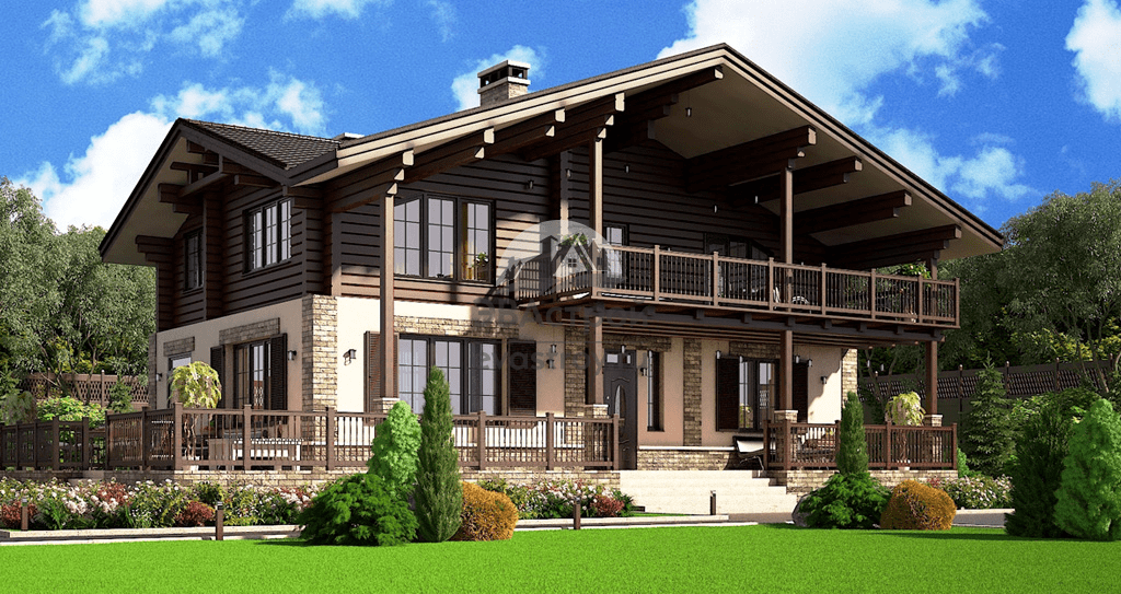 Проект комбинированного дома 295 м2 из камня и дерева в стиле шале - 101-68