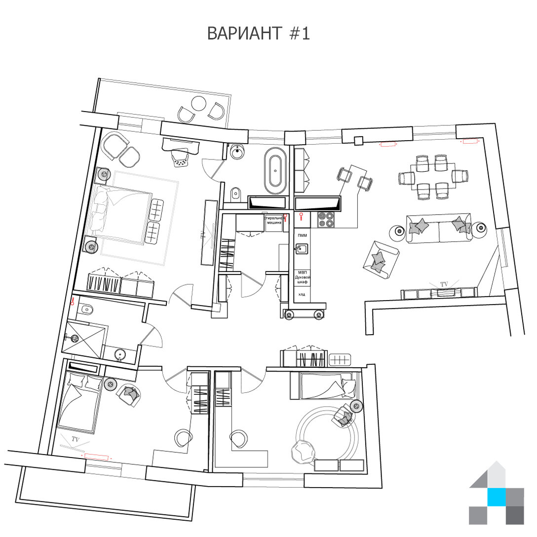 В первом варианте есть некий полуостров кухни или барной стойки, но не в привычном ее понимании. Эта поверхность на одной высоте со всей рабочей поверхностью. Таким образом может служить и рабочей поверхностью, и местом для быстрого перекуса, и местом, которое поможет при сервировке во время праздников и застолий. Угол задан не случайно, хочется отвлечь от кривизны помещения в целом. В остальном по кухне все понятно, вроде.