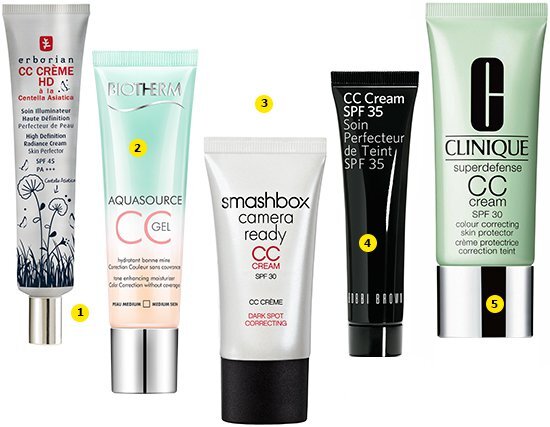 1. CC-крем SPF 45 HD a la Centella Asiatica, Erborian; 2. CC-гель СС Gel (светлый), Aquasource, Biotherm; 3. CC-крем SPF 30 Camera Ready, Smashbox; 4. CC-крем SPF 35 Soin Perfecteur De Teint (Pale Nude), Bobbi Brown; 5. CC-крем SPF 30 Superdefense (Very Light), Clinique