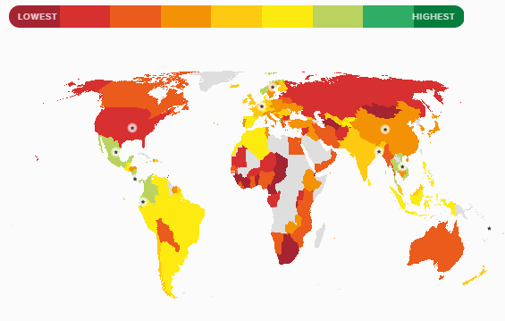 Страны – от наименее счастливых к наиболее на карте по версии happyplanetindex.org