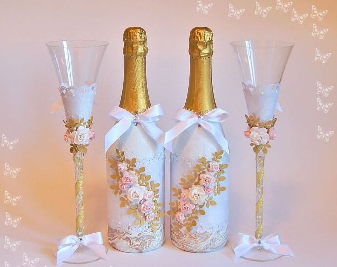 Украшение бутылки шампанского на свадьбу