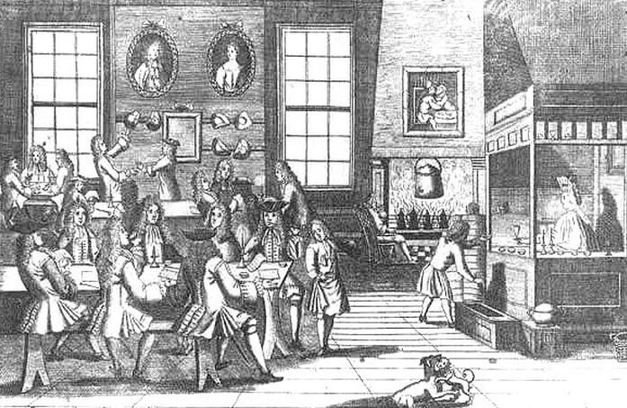 Интерьер одной из Лондонских кофеен. Гравюра 17 века.