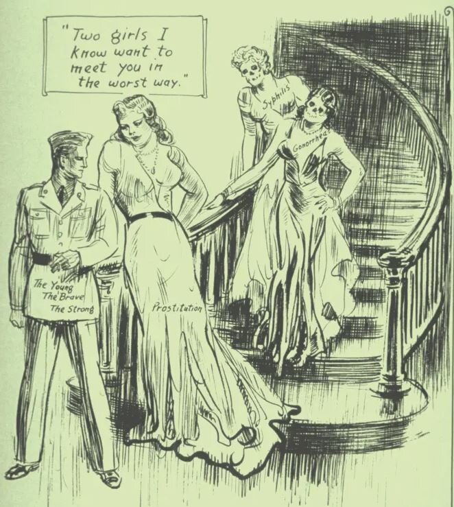 Плакат, созданный американской Ассоциацией социальной гигиены, предупреждающий солдат об опасности проституции и ИППП. Corbis / Getty Images