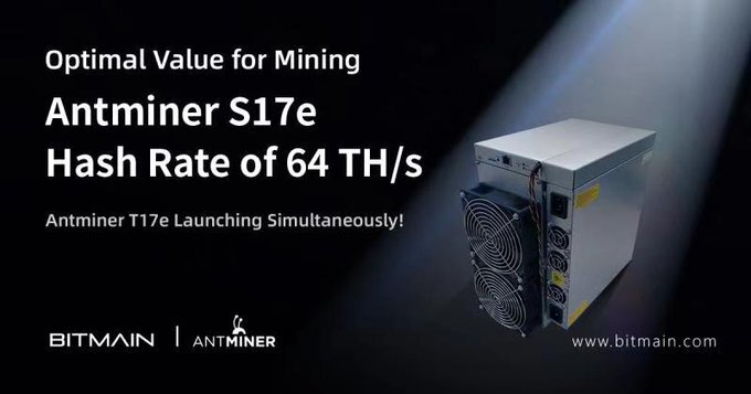 Antminer_main@Antminer_mainIntroducing the new #AntminerS17e & #AntminerT17e, 2 new miners that offer the best value for mining. The S17e has a 64 TH/s hash rate and 45 J/TH power efficiency, while the T17e has a 53 TH/s hash rate and 55 J/TH power efficiency. Visit https://bit.ly/2lAtJ7a  to learn more!
435:16 AM - Sep 6, 2019Twitter Ads info and privacy