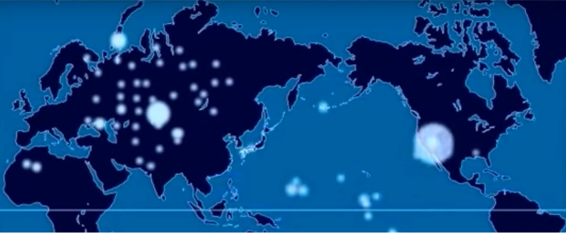 Рис. 1. Интенсивность ядерных испытаний в Северном полушарии 1945-1998 гг
