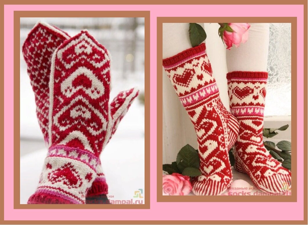  Яркие и оптимистичные вязаные носки и варежки украшены множеством красных сердец