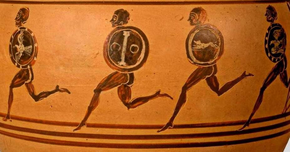 Бегущие воины. Рисунок на керамической  вазе (гидрии). III в. до н.э. ГМИИ им. А.С. Пушкина,