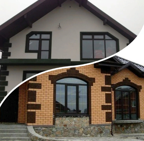 Два сделанных фасада, верхний оштукатурен короедом, нижний облицован кирпичом