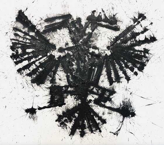 Лоскутов. Из чёрной резины сделана власть. 2020. Холст, акрил, дубинопись, лак.