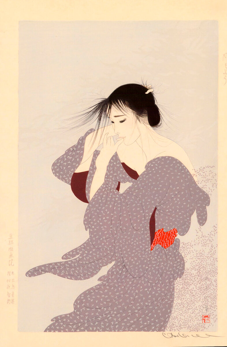 Накадзима Киеси (中島 潔) стали называть "художник ветра" благодаря его знаменитой серии гравюр на дереве, каждая из которых изображает печально-задумчивую девушку, обвеваемую ветерком.-2-3