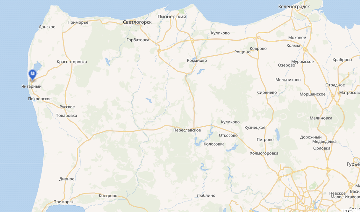 Посёлок Янтарный на карте Калининградской области.