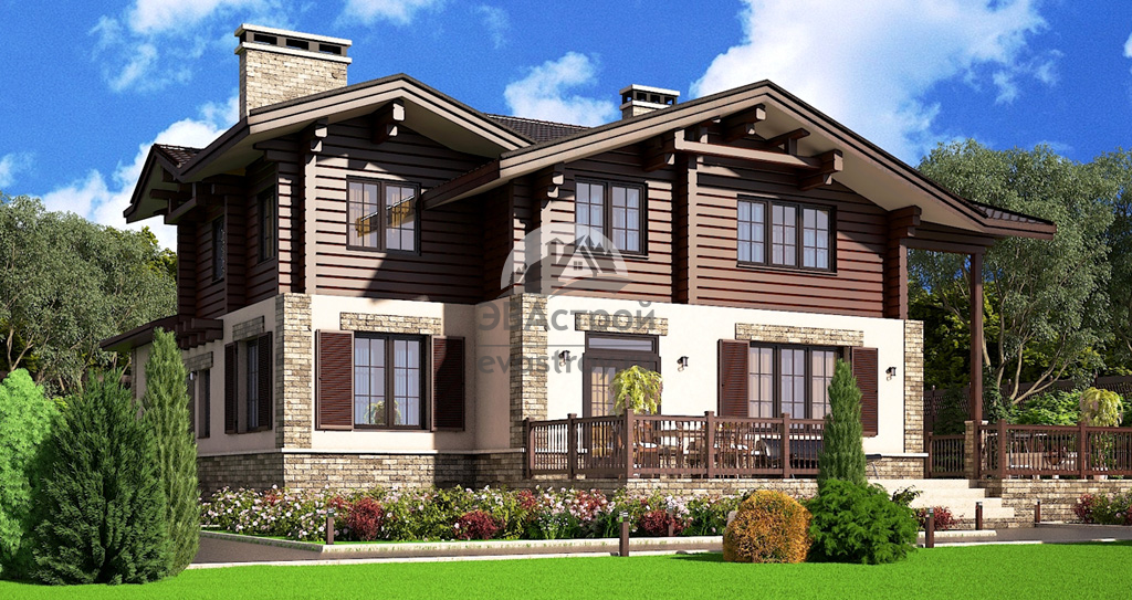 Проект комбинированного дома 295 м2 из камня и дерева в стиле шале - 101-68