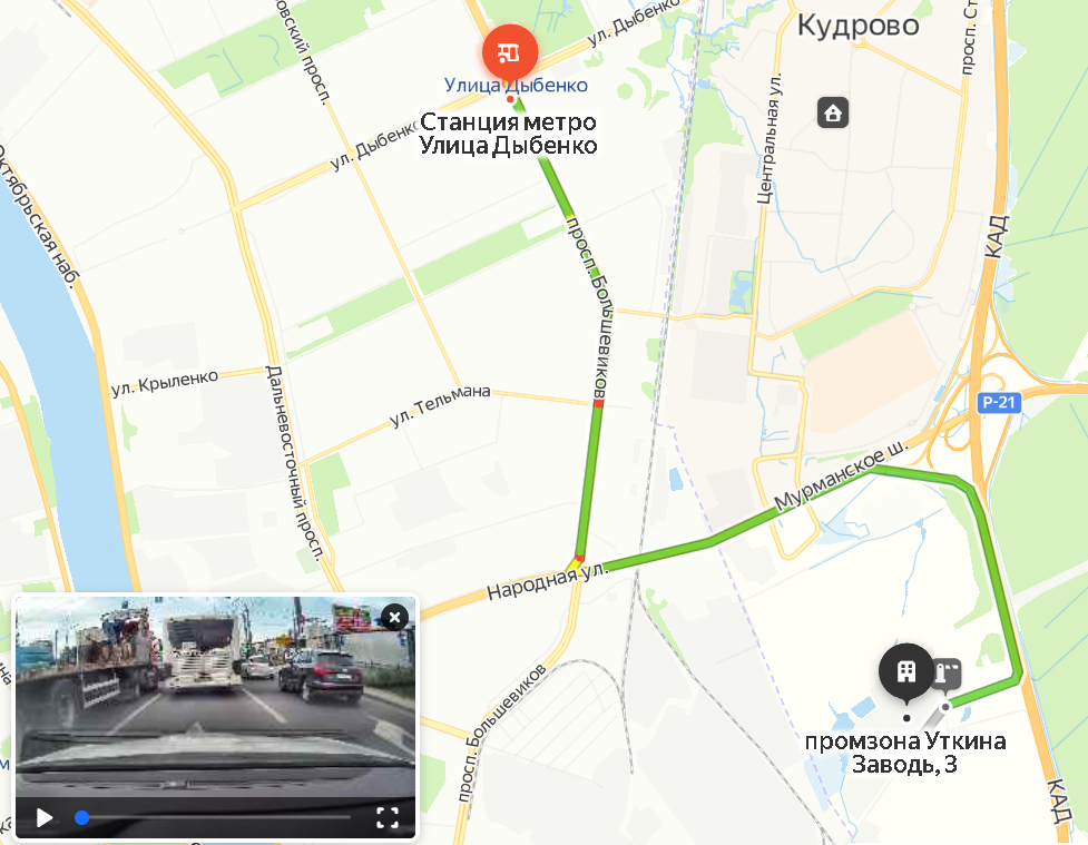 Маршрут от станции метро Дыбенко до промзоны Уткина Заводь 3