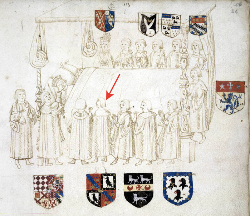 "Жених табурета" Хью Денис на этой гравюре изображен четвертым справа. Это ближе, чем принцы королевской крови. На гравюре изображены последние минуты короля Генриха VIII