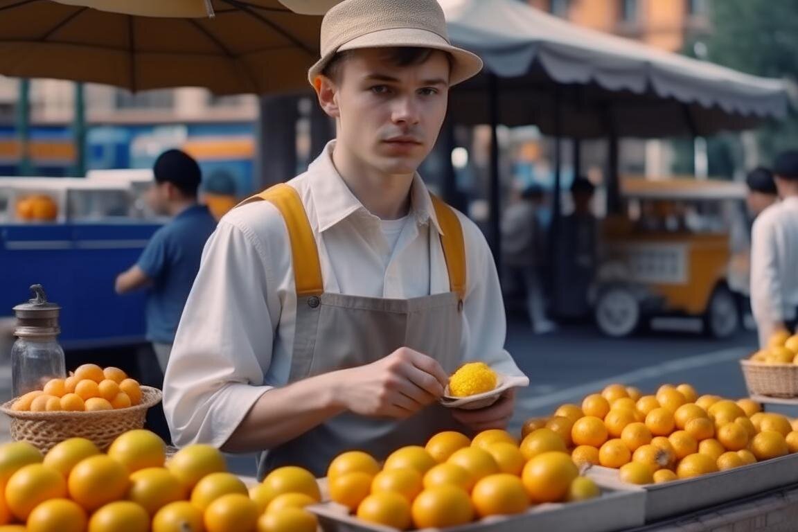 Лоточник продает апельсины (а еще лимоны и абрикосы) на улице Москвы. Нейросеть Kandinsky 2.2.