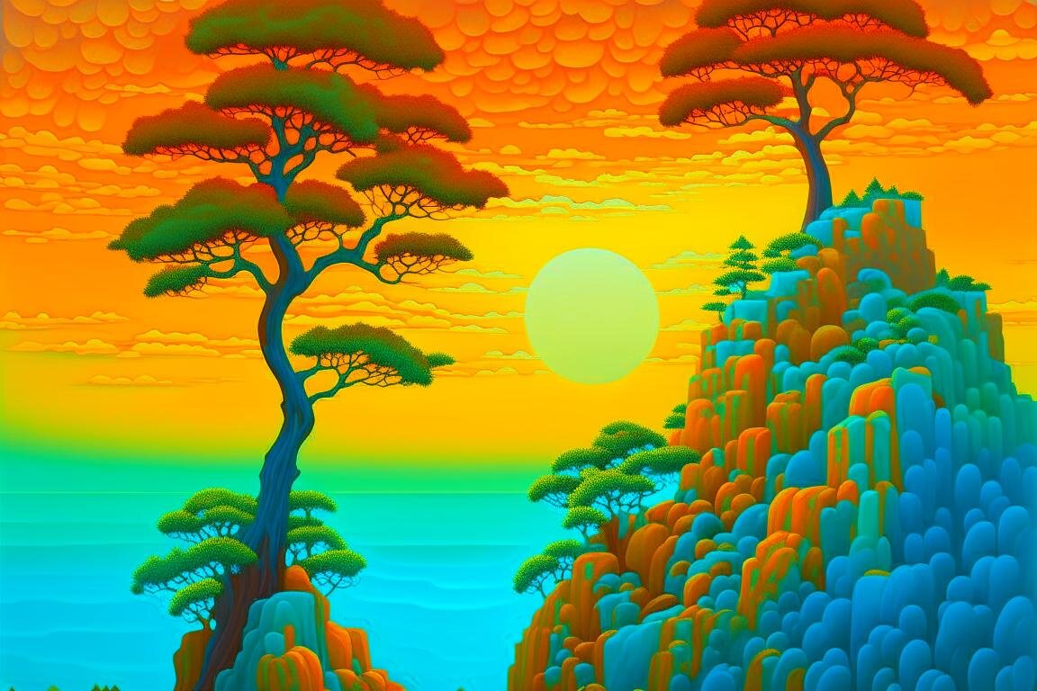 an oil painting of trees on a cliff at sunset, in the style of optical illusion paintings, gongbi, yellow and aquamarine, mystical creatures and landscapes, iban art, japanese folk art, acrylic art.