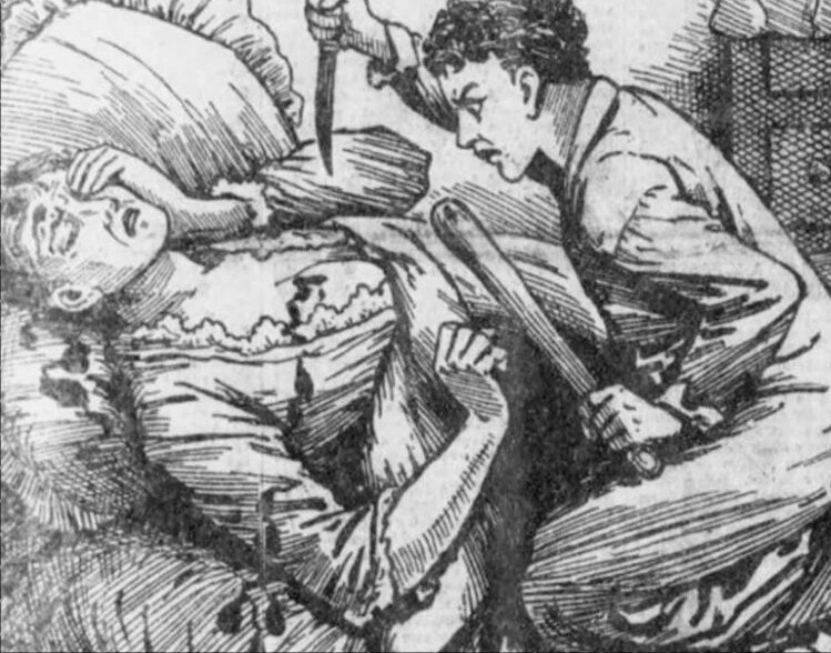 Роберт Кумбс смертельно ранит свою мать Эмили в постели, которую они делили. Источник: Иллюстрированные полицейские новости за 27 июля 1895 года.  источник изображения https://www.historicmysteries.com/