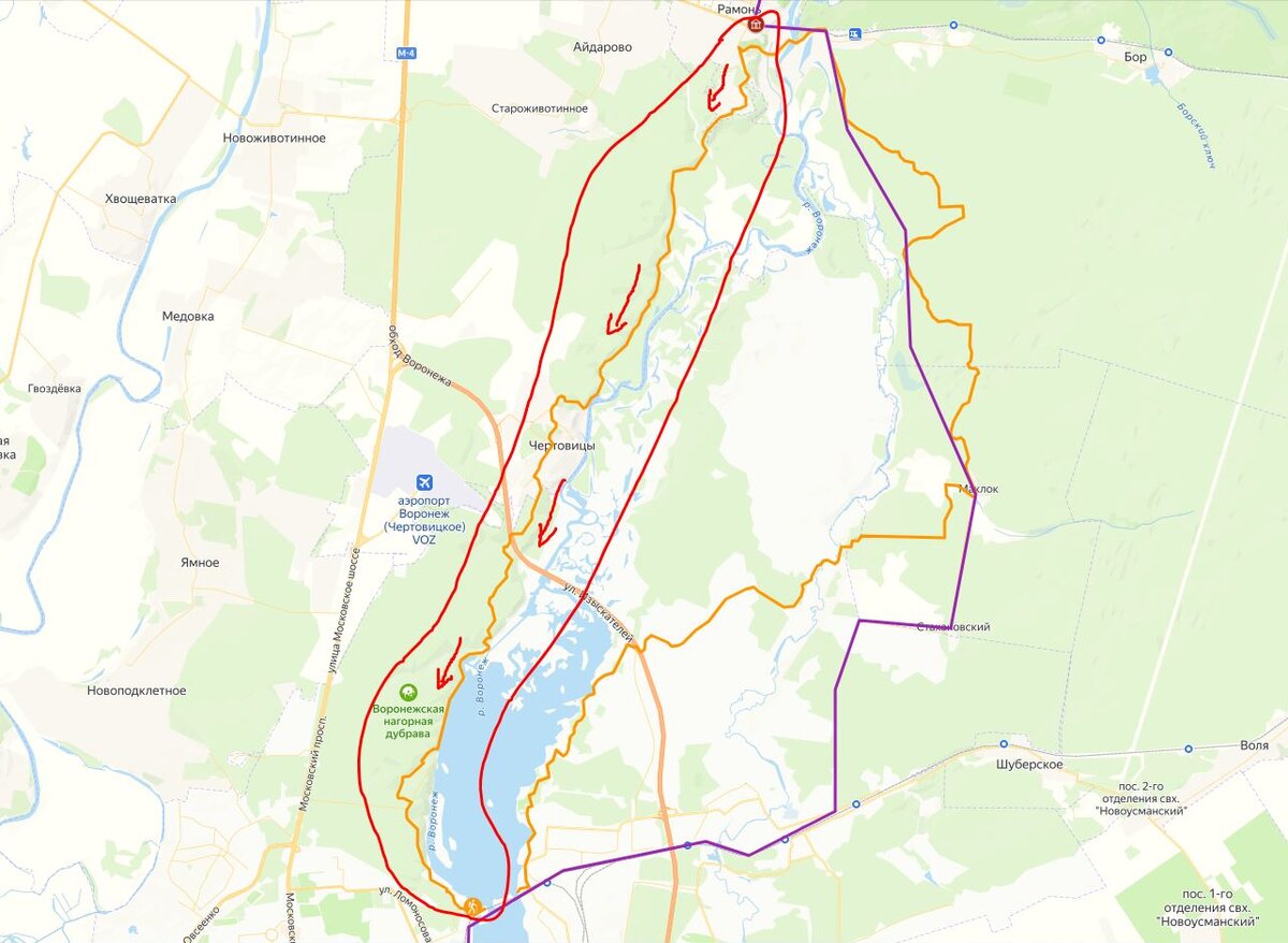 Запланированная для прохождения часть Воронежской тропы (обведена красным)