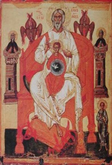  Икона «0(те)ць и Синъ и С(вя)ты(й) Духъ». Источник: https://klin-demianovo.ru/http:/klin-demianovo.ru/analitika/143080/
