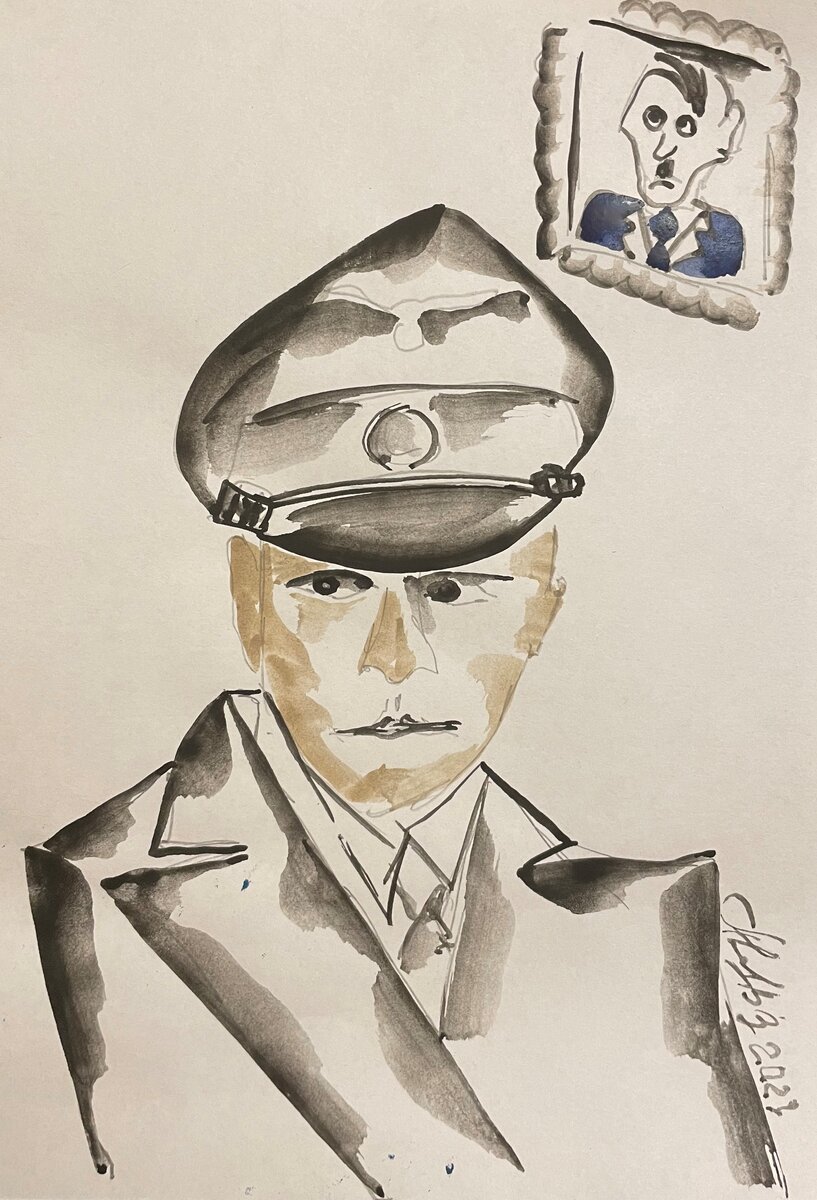 Штирлиц - шарж, акварель. Автор Аваков Владимир август 2023 г.