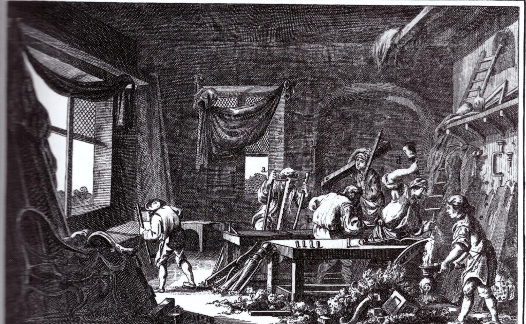 Мебельная мастерская Гравюра из «Энциклопедии, или толкового словаря наук, искусств и ремёсел» Дени Дидро и Жана Лерона Д’Аламбера
1769 год
Библиотека декоративно-прикладного искусства, Париж