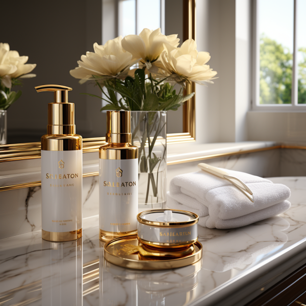 Изображение сгенерировано по промту: eye cream product container and serum , in bathroom with mirror , basin , plant, handtowel rolled up , white and gold colour , photorealism , studio lighting , high resolutions --q 1 --s 750