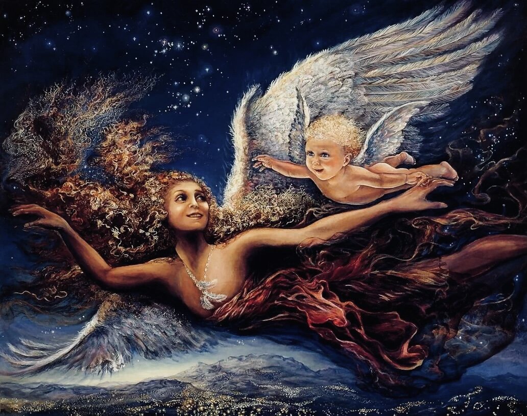 Так у малыша формируется Тело и Ум. Они рождаются, чтобы со временем умереть. А вот Душа - вечная странница между мирами… Картина Жозефины Уолл