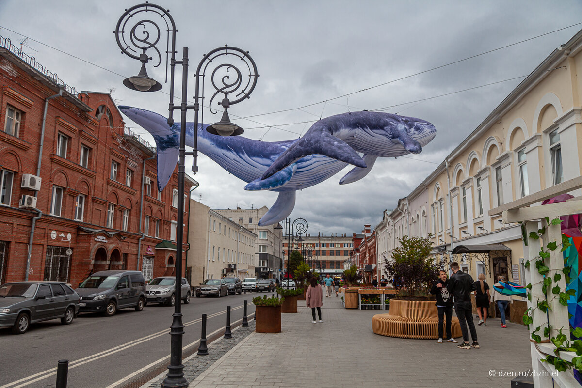 Первое, что мы увидели, приехав в центр Ульяновска — летающие киты. Город старается сохранить свою историю, но он живой и креативный, это чувствуется и подкупает.