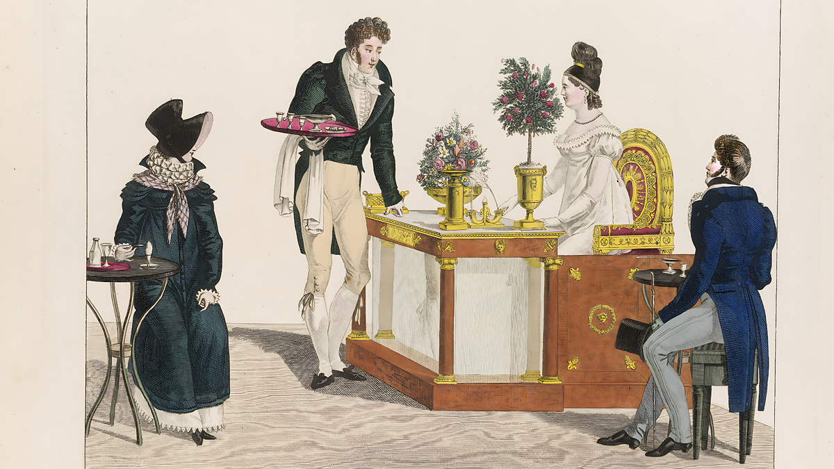 Прекрасная лимонадница. Карикатура из серии «Хороший вкус». Франция, 1816-1817 годы © The Trustees of the British Museum