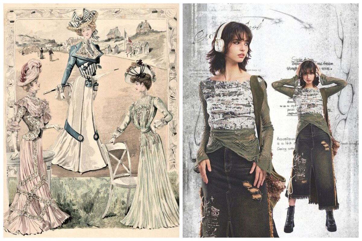 1. 1900е - Эдвардианская Эпоха. 2020е мода старшей школы. Все иллюстрации взяты в открытых источниках в сети. Коллажи авторские.