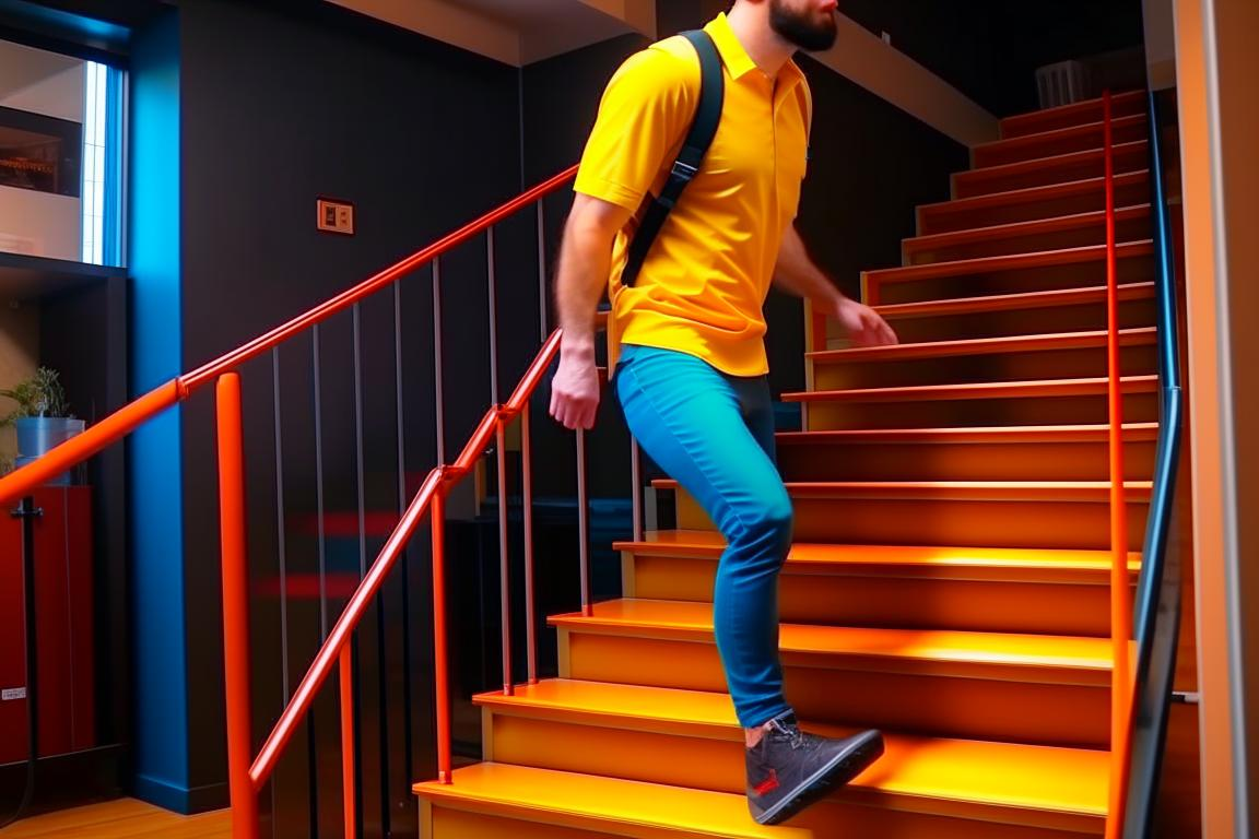 Результат генерации по запросу "Онлайн-репетитор бежит вверх по лестнице в нагрузочном жилете", стиль: 4k Экая фигня получилась)))