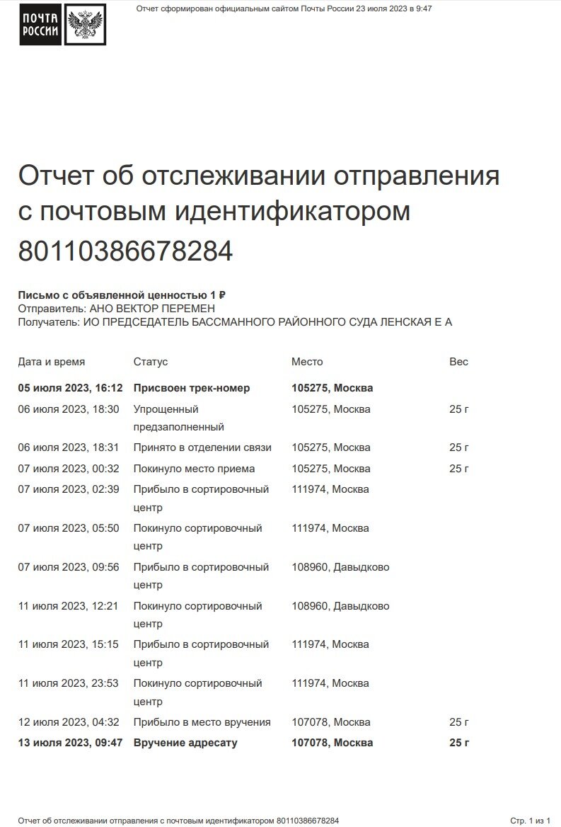 Собственно, весь жизненный цикл почтового отправления с объявленной ценностью и описью вложения, содержавшего апелляционную жалобу заявителя