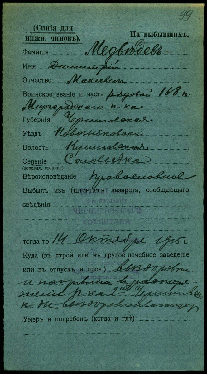 1915 год, карточка лазарета. Медведев Дмитрий Макеевич
