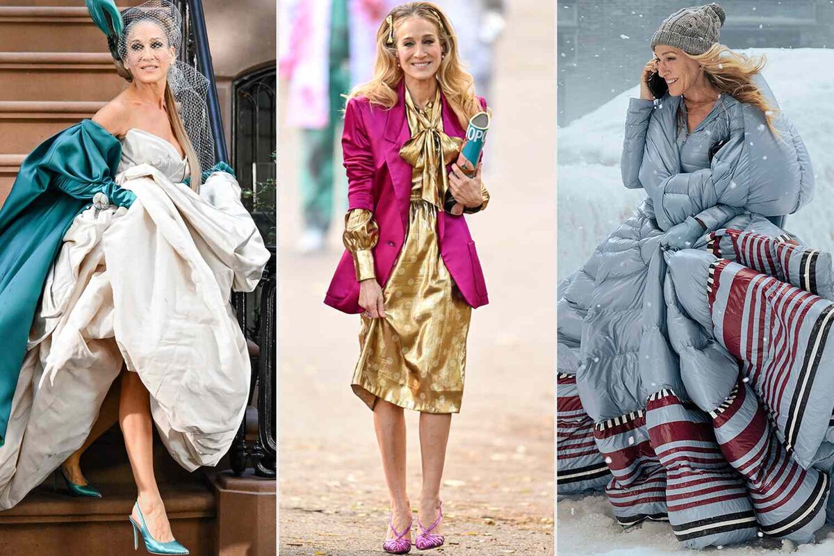 Кэрри в своём свадебном платье от Vivienne Westwood, в образе Хелен Герли Браун - бывшего редактора журнала Cosmopolitan, в платье-пуховике от Moncler 1 Pierpaolo Piccioli в эпизоде Bomb Cyclone