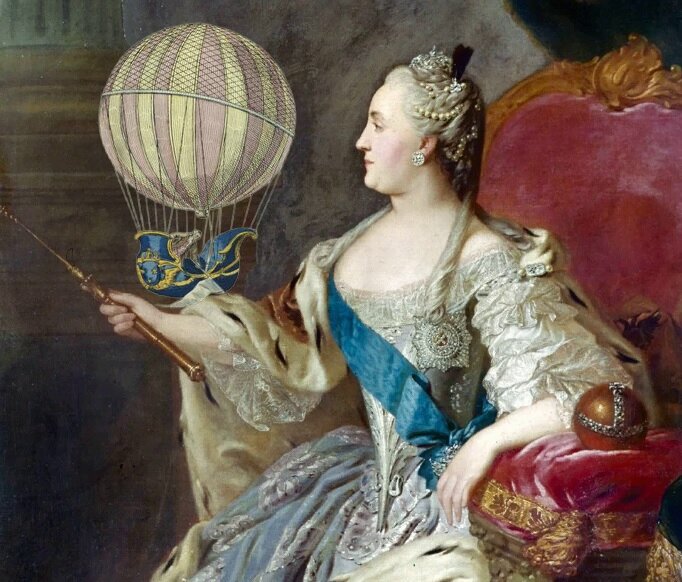 Екатерина II и шар Монгольфье 1783 года. Картинки из сети, коллаж мой. 