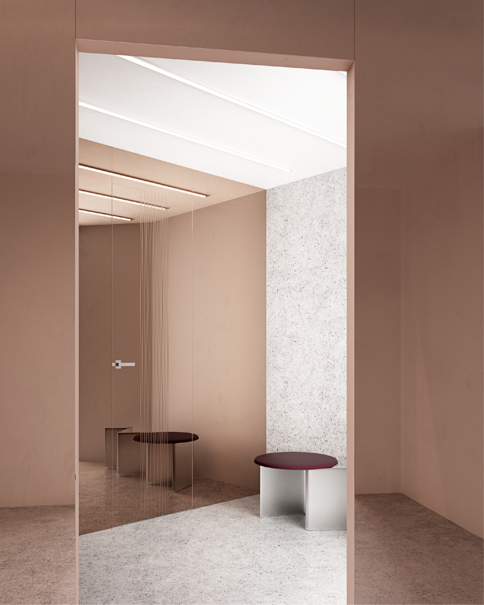 На рендере: стеновые панели Sofia в стекле T25 и стеклянная дверь из коллекции Rain в том же стекле T25.