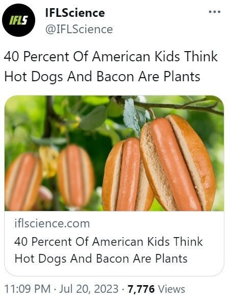 40 процентов американских детей думают, что «хотдоги» и бекон — это растения. Да, и гамбургеры, само собой.