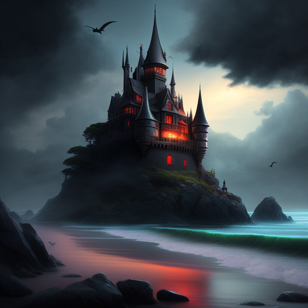 вариант изображения по запросу " замок Дракулы возле моря"