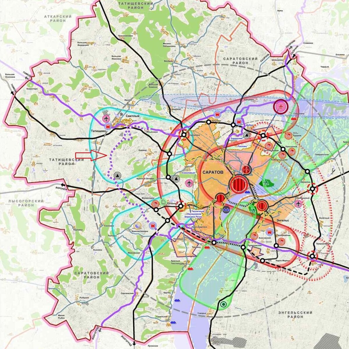 Западный ж/д обход Саратова на плане Саратовской агломерации 2017 г.